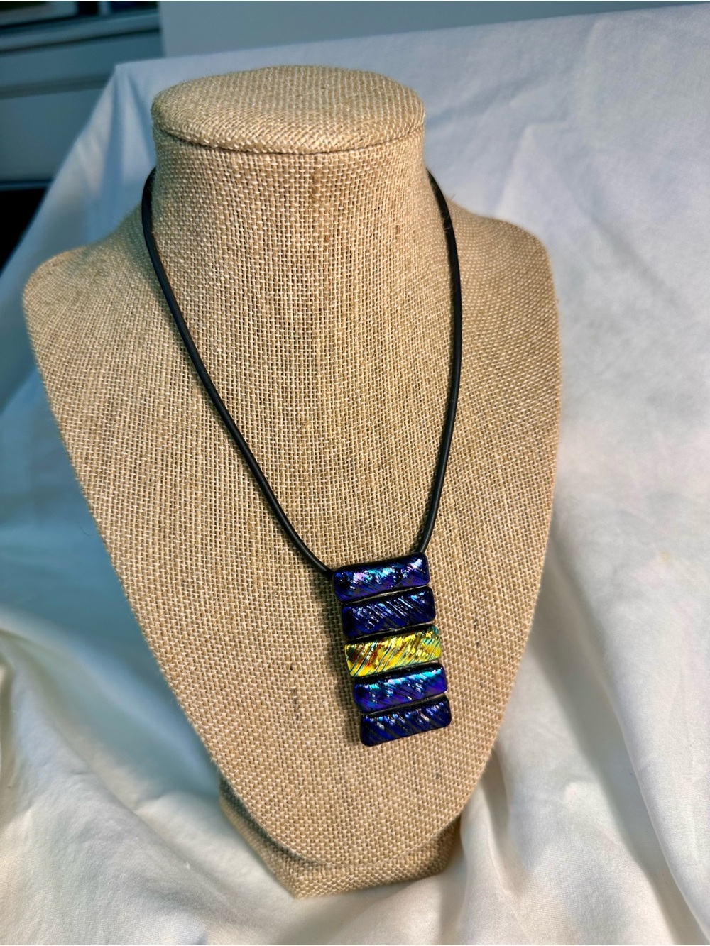 Handmade Iridescent Blue and Yellow  Glass Pendant Necklace